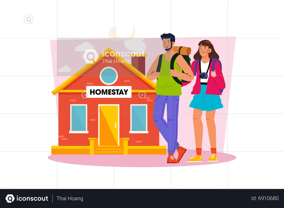 Couple booking  homestay to experience local life  Illustration