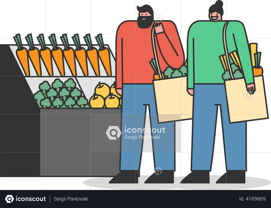 Couple Buying Foods in Grocery  Illustration