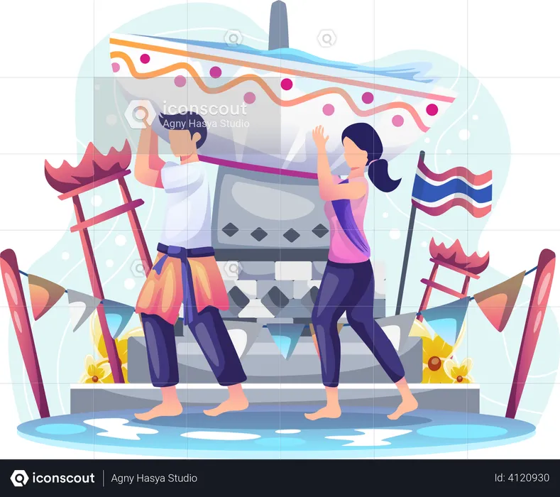 Couple carries water bowl to celebrate Songkran festival  Illustration
