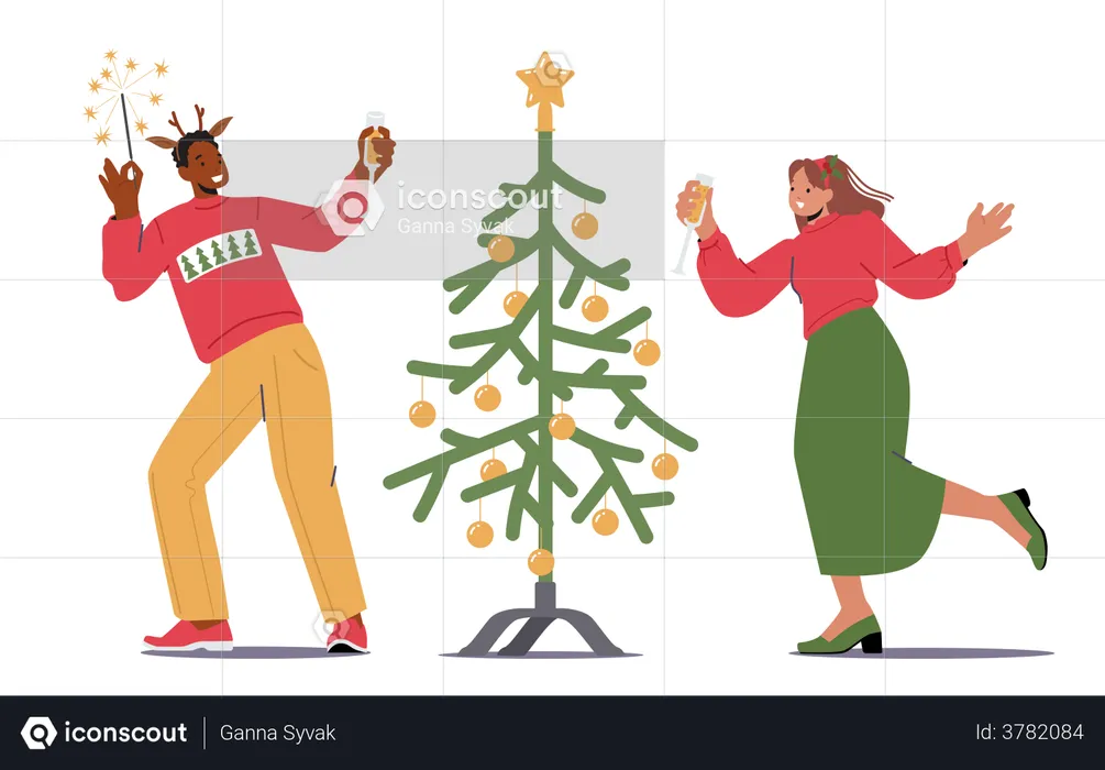 Couple Celebrate Christmas And New Year At Home  Illustration