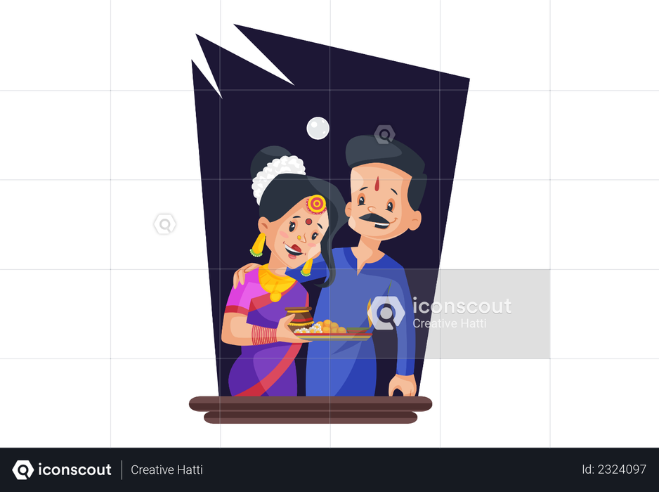 Couple celebrating karwachauth togehter Illustration