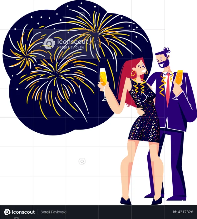 Couple celebrating new year holding champagne glasses  Illustration