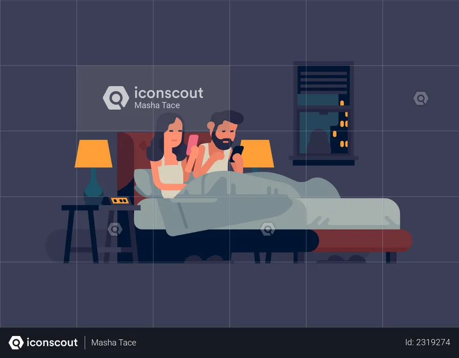 Couple checking their phones during night  Illustration