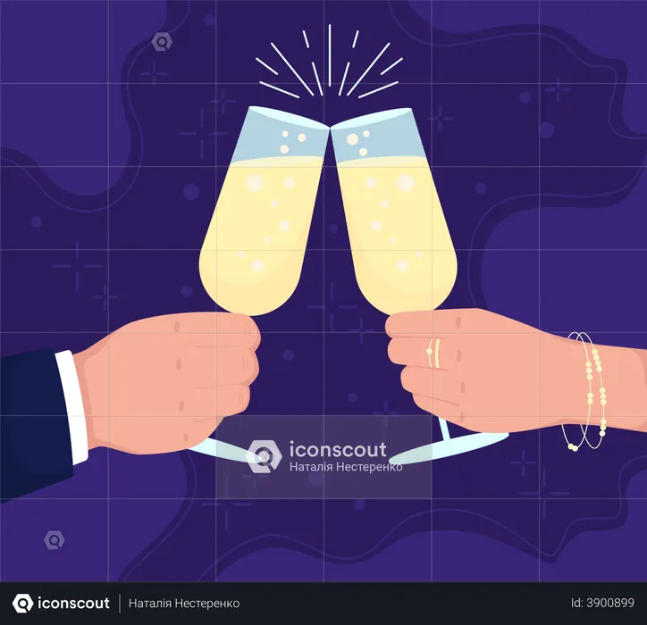 Couple cheering wine glasses and celebrating marriage  Illustration