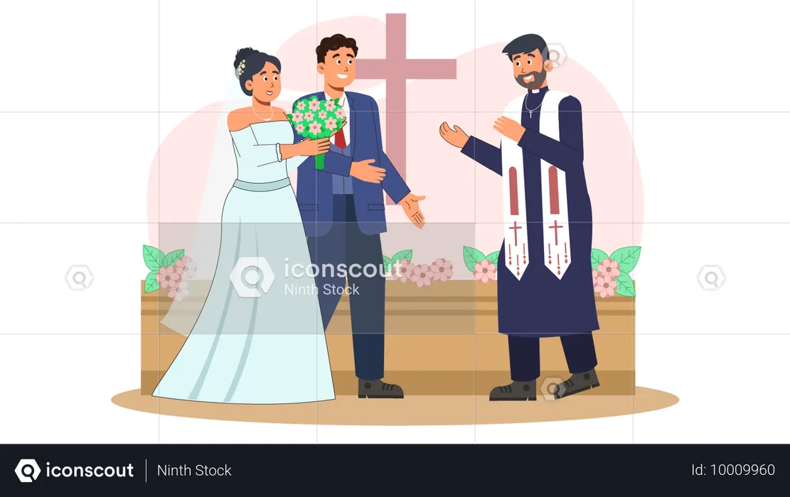 Couple chrétien à l'église pour la cérémonie de mariage  Illustration