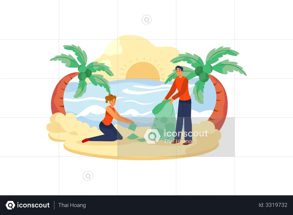 Couple cleaning beach  Illustration