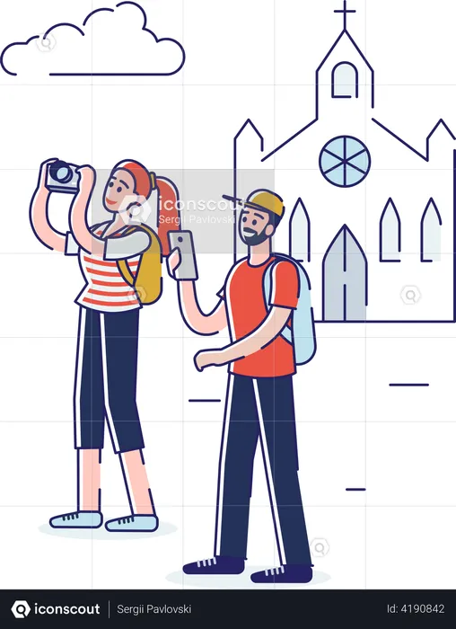 Couple clicking pictures while travelling together  Illustration