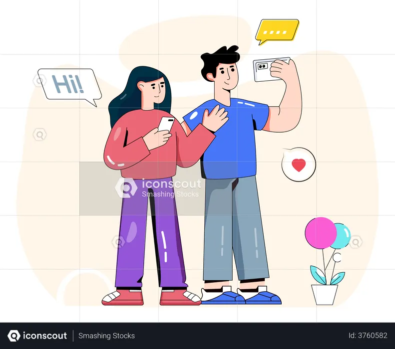 Couple clicking selfie and uploading it on social media  Illustration