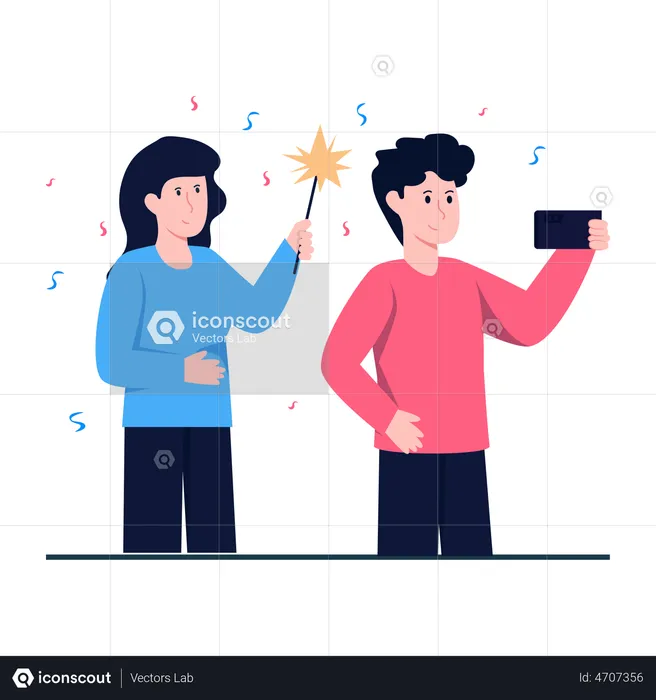 Couple Clicking Selfie On New Year  Illustration