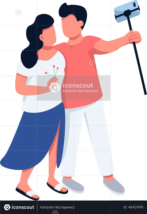 Couple cliquant sur selfie à l'aide d'une perche à selfie  Illustration