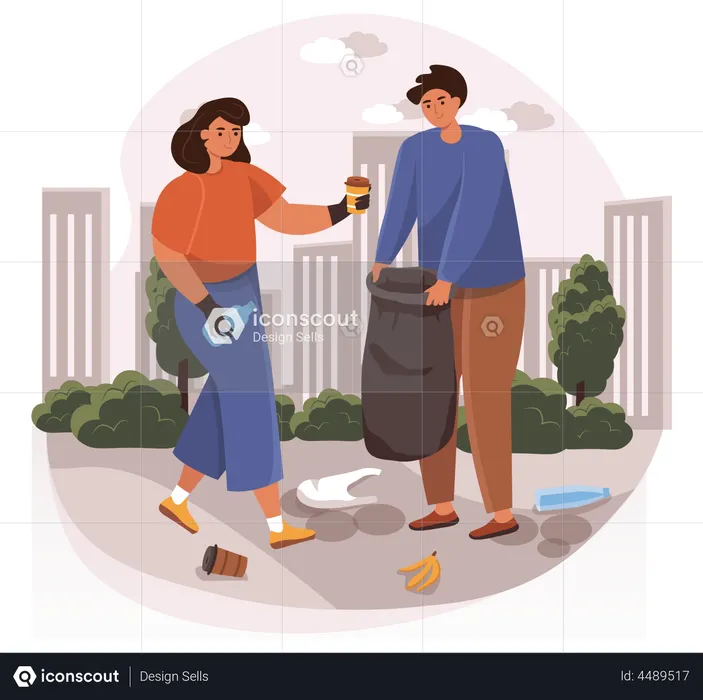 Couple Collecting Garbage  Illustration
