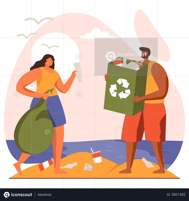 Couple collecting waste from beach  Illustration