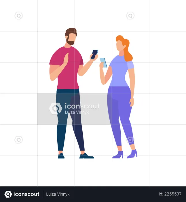 Couple communicating holding smartphone  Illustration