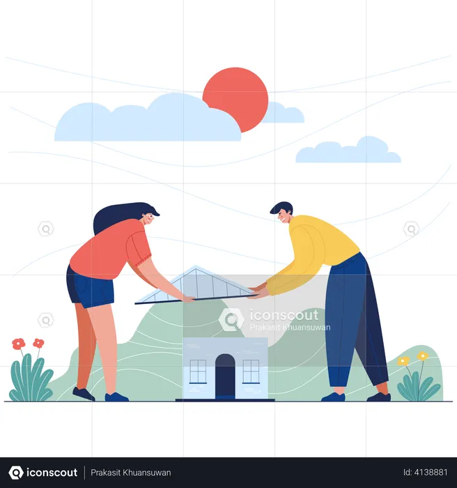 Couple construisant une maison ensemble  Illustration