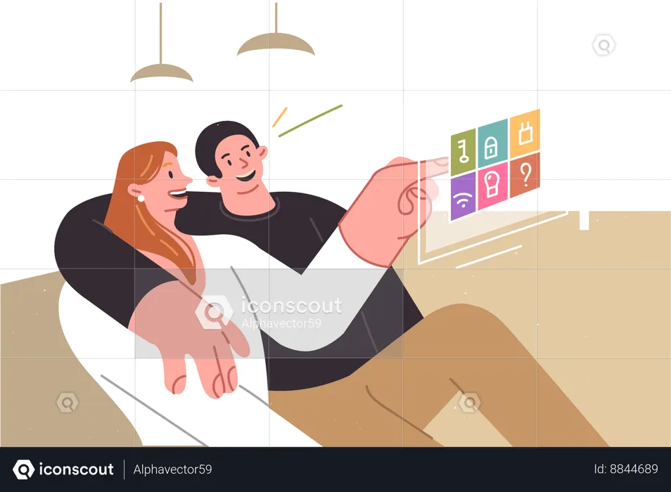 Couple controls smart home sitting on couch while clicking on virtual sensor to control smart devices  Illustration