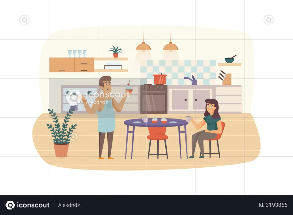 Couple cooking and eating in kitchen  Illustration