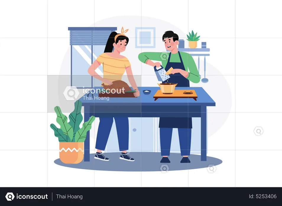 Couple cooking chicken dish together in kitchen  Illustration