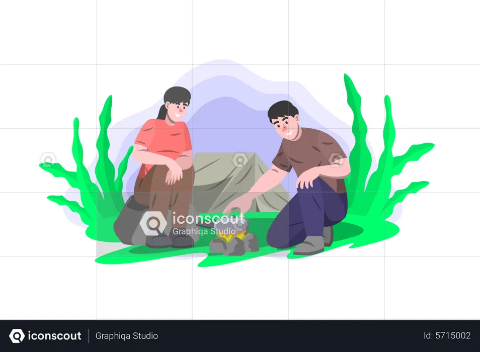 Couple cooking food at camp  Illustration