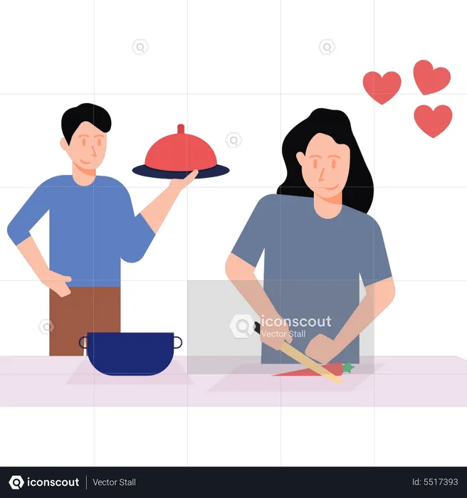 Couple cooking on Valentine's Day  Illustration