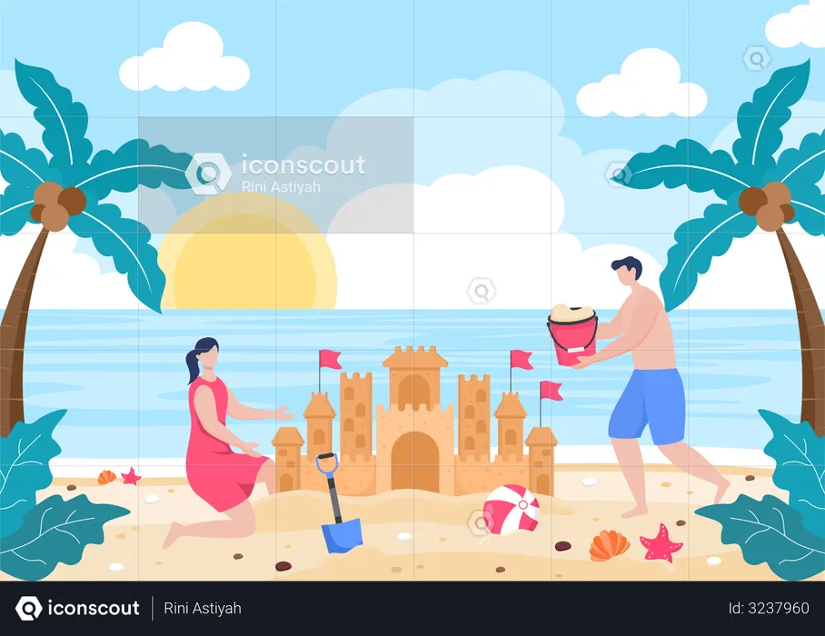 Couple Creating Sand Castle At Beach  Illustration