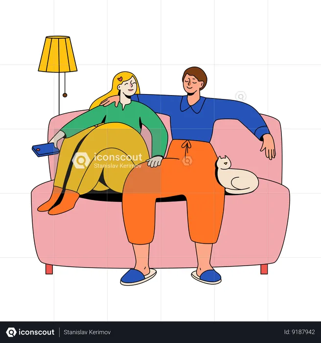 Couple Cuddling On A Soft Couch  Illustration