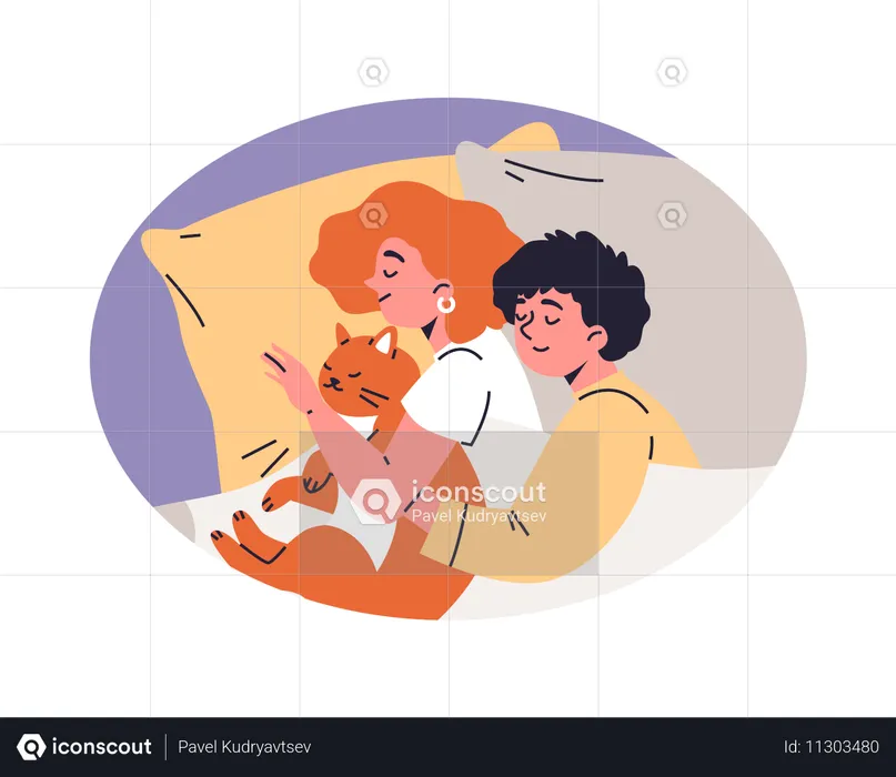 Couple cuddling with cat on bed  Illustration