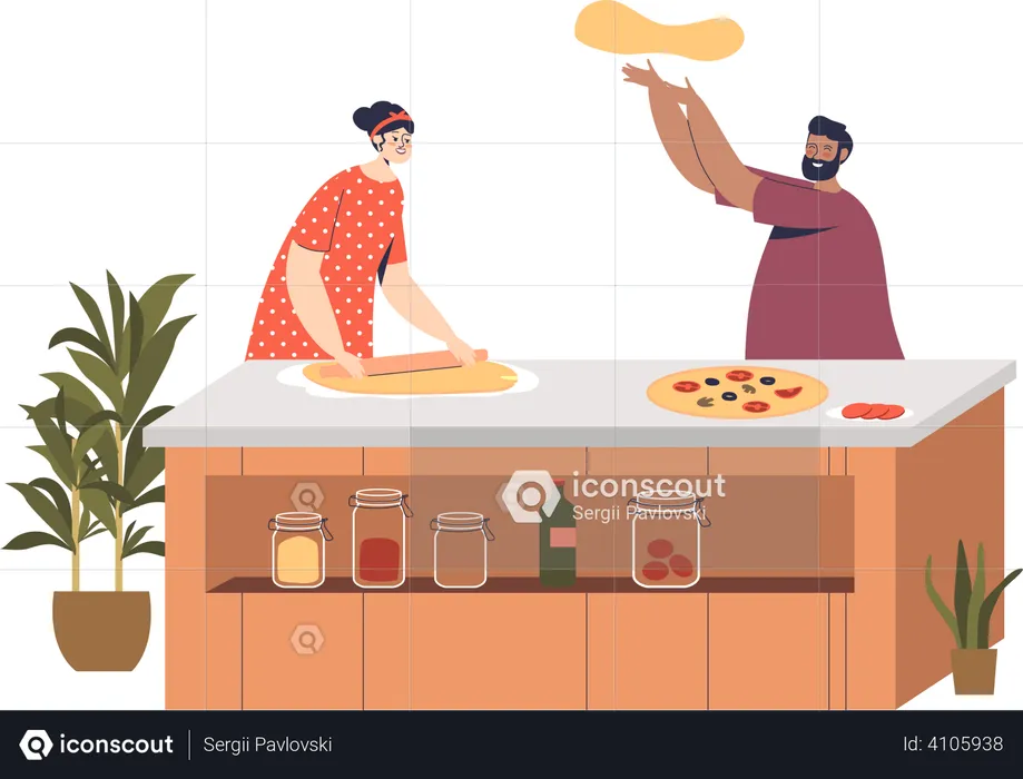 Un couple prépare une pizza ensemble à la maison  Illustration