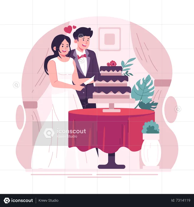 Couple cutting cake on wedding day  Illustration