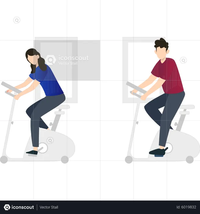 Couple cycling on gym bike  Illustration