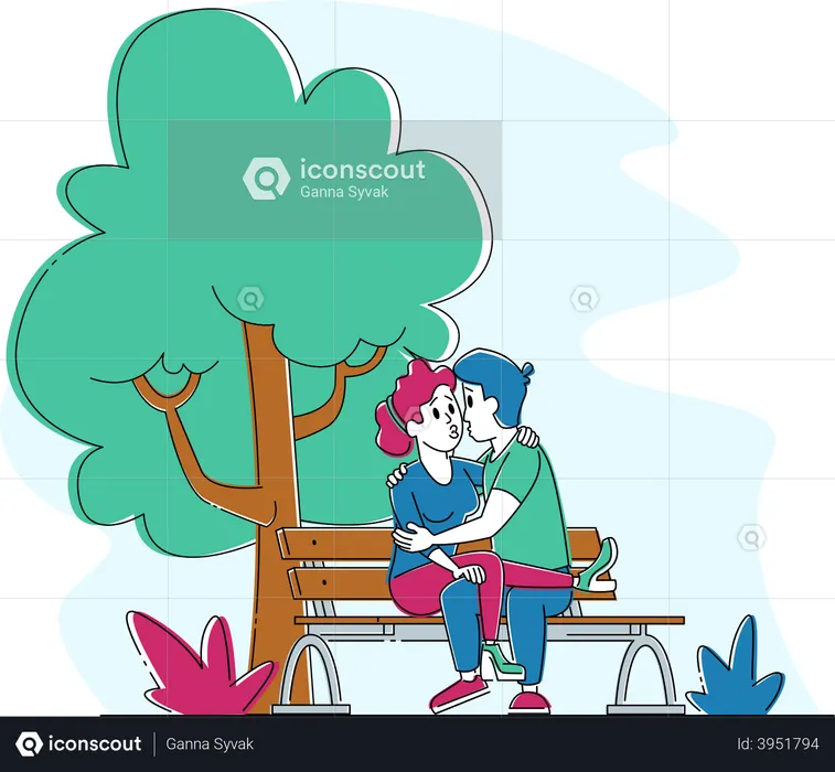 Couple d'amoureux s'embrassant sur un banc dans un parc  Illustration