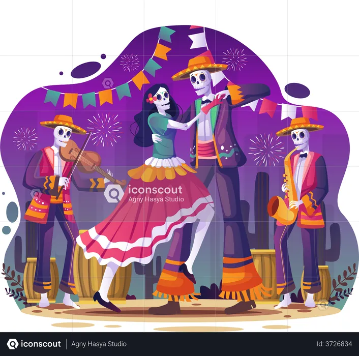 Couple dancing in Mexican Halloween Holiday Party  Illustration