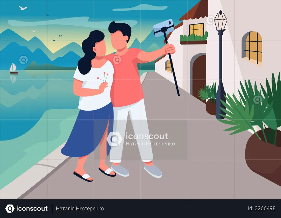 Couple date in resort village  Illustration