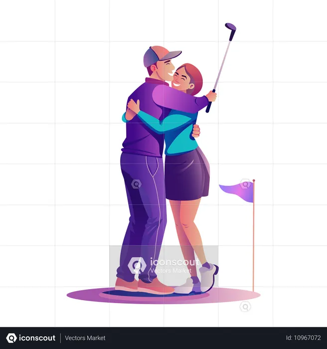 Couple de golfeurs s'embrassant au club de golf  Illustration