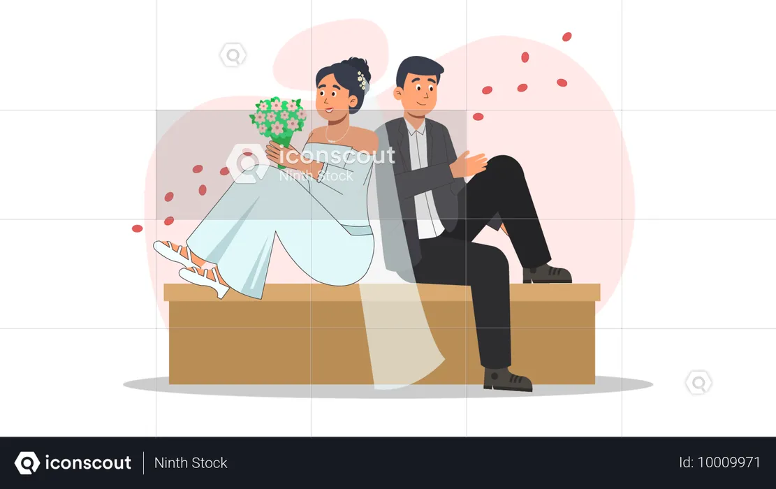 Couple de mariage donnant la pose pour une séance photo  Illustration