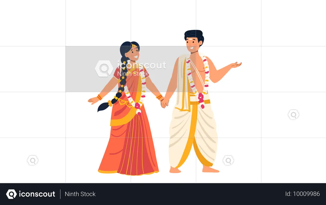 Couple de mariage du sud de l'Inde, main dans la main  Illustration