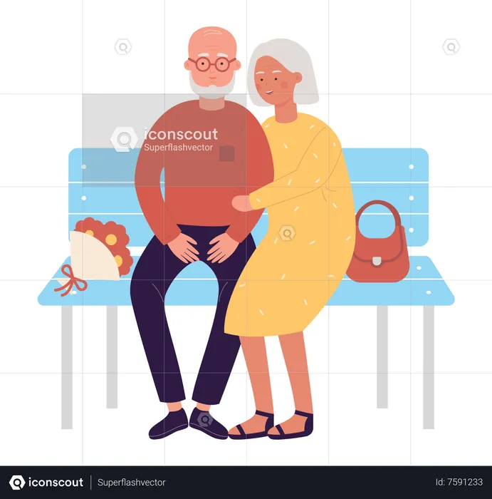 Couple de personnes âgées assis sur un banc  Illustration