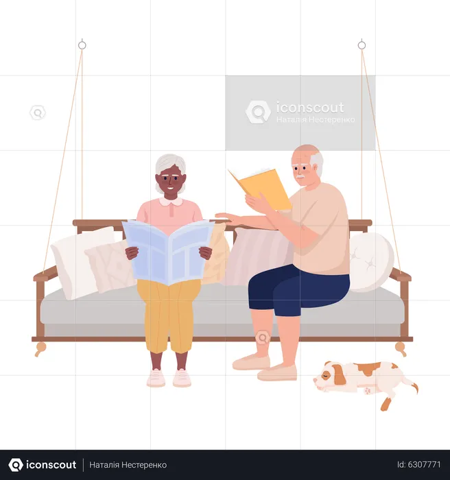 Couple de personnes âgées assis sur une balançoire et relaxant  Illustration