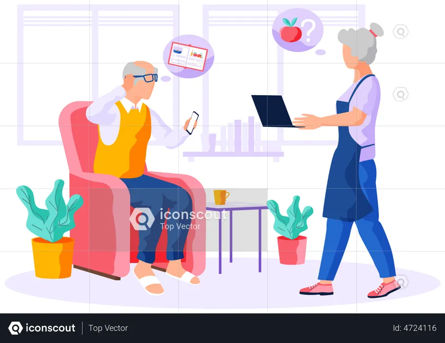 Couple de personnes âgées surfant sur Internet avec un ordinateur portable et un smartphone lisant des informations sur le site Web  Illustration