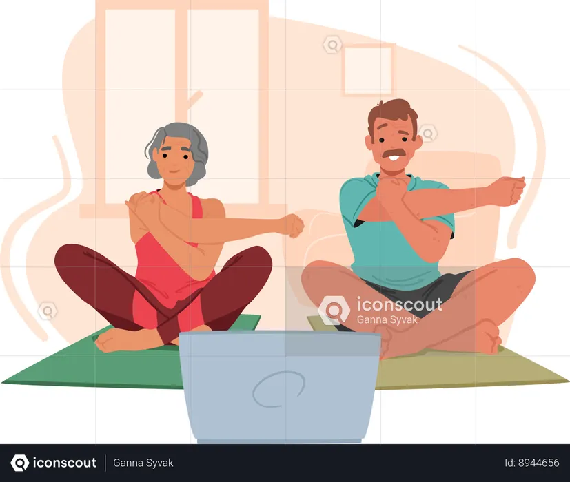 Un couple âgé pratique le yoga  Illustration