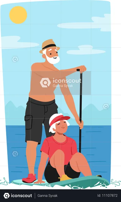 Un couple de personnes âgées s'amuse à faire du paddleboard  Illustration