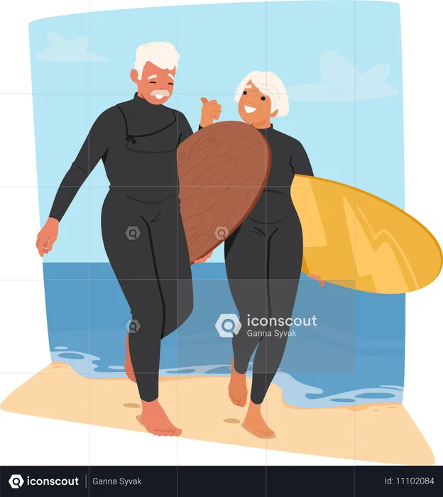 Un couple âgé en combinaison de plongée s'amuse sur la plage tout en tenant des planches de surf  Illustration