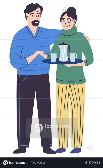 Couple debout tenant un plateau avec des tasses  Illustration