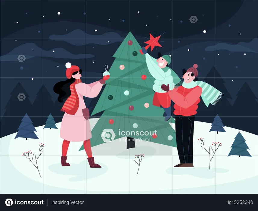Couple debout près de l'arbre de Noël  Illustration