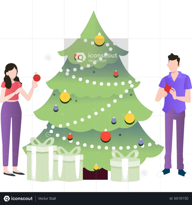 Couple decorate Christmas tree  Illustration