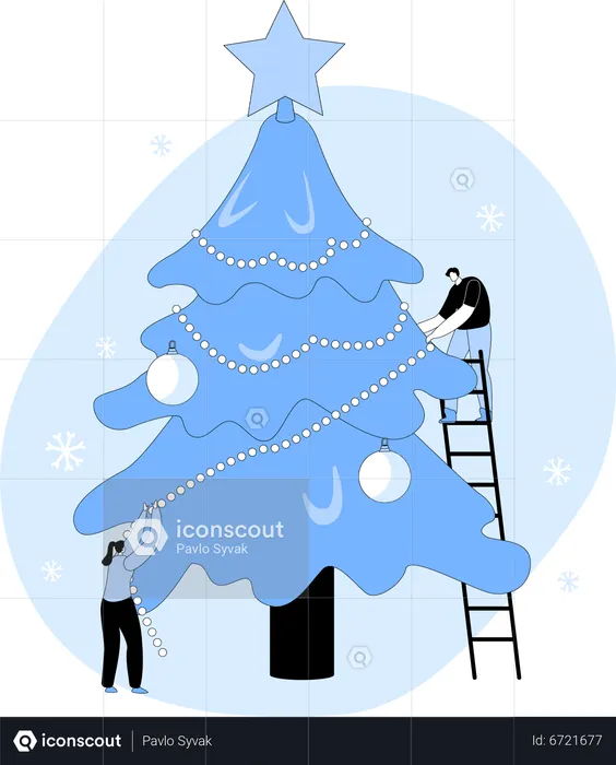 Couple Decorate Christmas Tree  Illustration