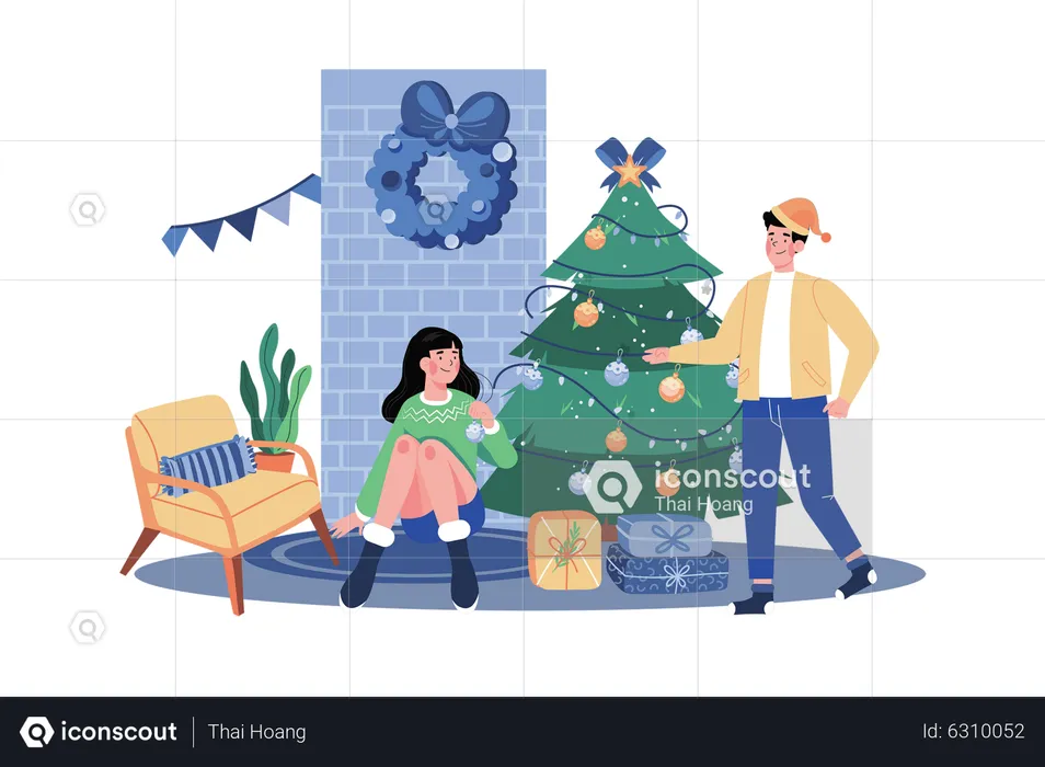 Couple decorate Christmas tree together  Illustration