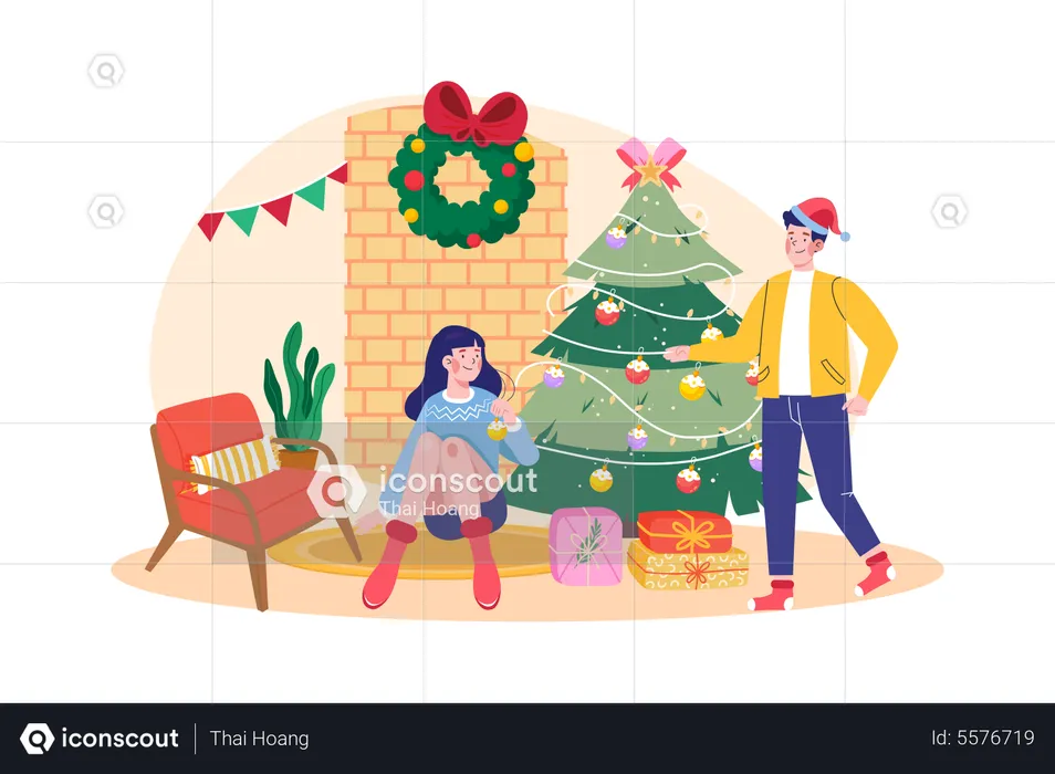 Couple decorate Christmas tree together  Illustration