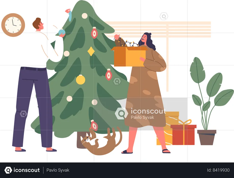 Couple Decorates Twinkling Christmas Tree  Illustration