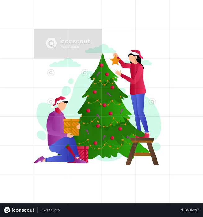 Couple decorating christmas tree  Illustration