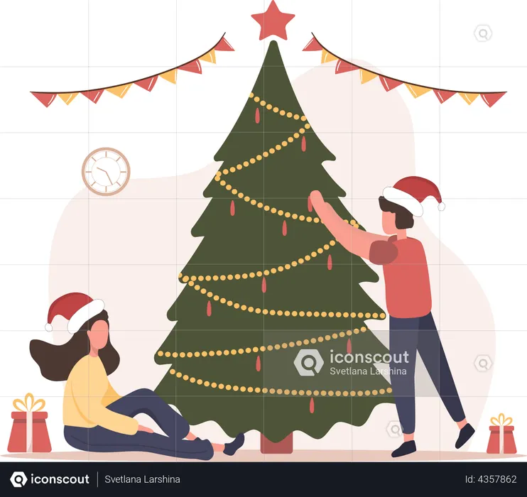 Couple decorating Christmas tree  Illustration